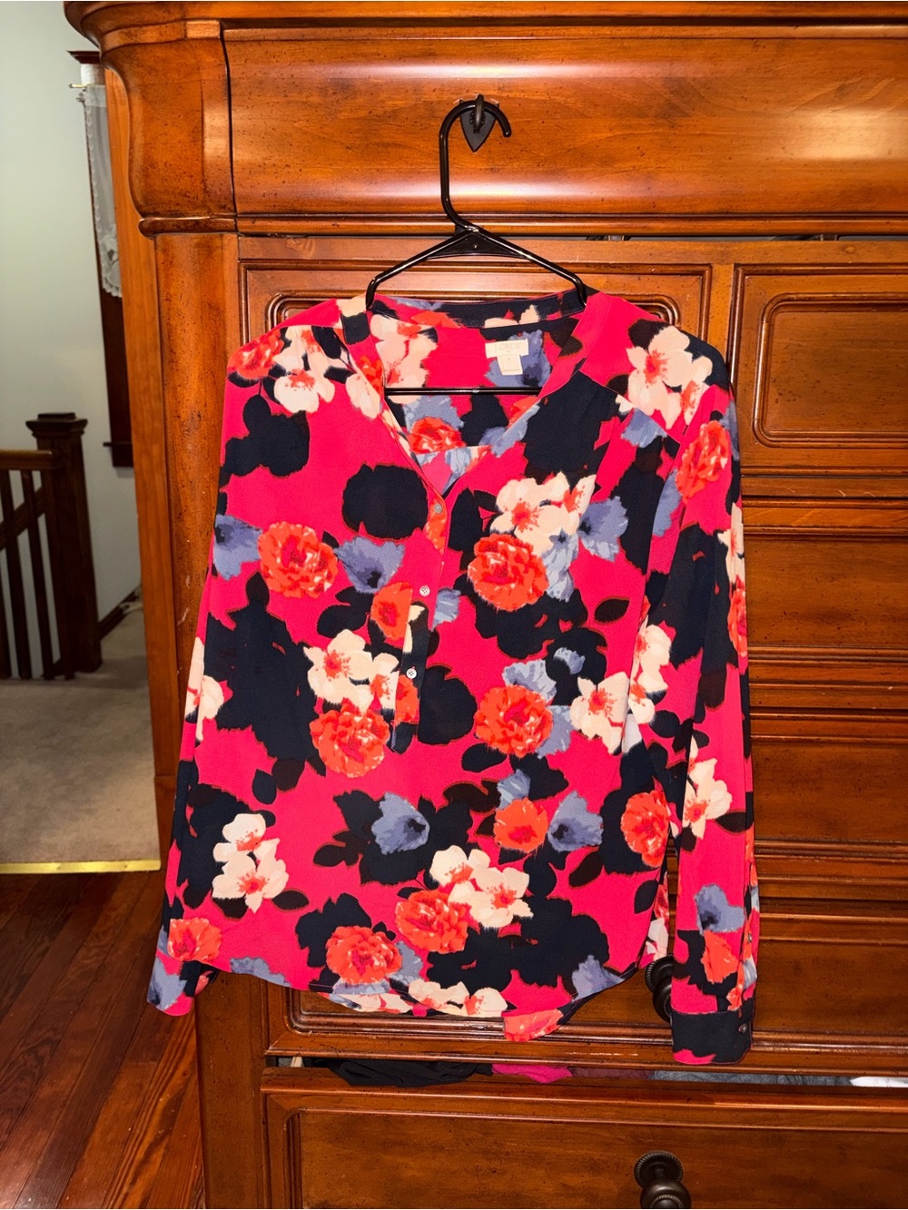J.Crew Floral Popover Henley Blouse Pink Black Long Sleeve Size M